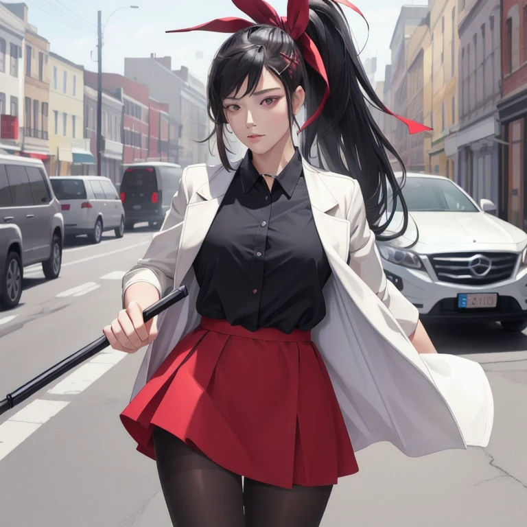 (masterpiece, best quality),   intricate details , 8k, ArtStation, wallpaper, official art, arte splash, sharp focus, 
  a girl,  Ha Yuri Zahard , white jacket, black shirt, gravata, red skirt,  ponytail ,  hair ribbon , pantyhose, closed jacket,  penetrating look , standing, holding a black 70-centimeter needle in her right hand,