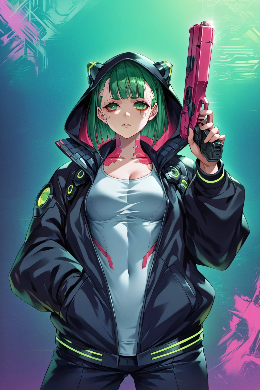 a woman with green eyes and a black jacket holding a gun, anime cyberpunk art, cyberpunk anime girl, best anime 4k konachan wallpaper, cyberpunk anime girl mech, female cyberpunk anime girl, cyberpunk anime art, anime style 4 k, digital cyberpunk anime art, cyberpunk anime girl in hoodie, anime wallpaper 4k, anime wallpaper 4 k, anime cyberpunk, skullzero loco letter