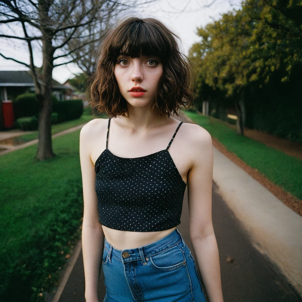 a melancholy photography, lomography, natural lighting,Ultra-Wide Angle, Fujifilm, Negative Space,cinematic photo of a 24 year old girl, with a slender, petite physique, pale skin, dark brown hair messy wavy bob with bangs. Almond shaped eyes, big, wide and spaced apart, short with a slim frame, thin, skinny physique, broad shoulders, walking to the bus stop