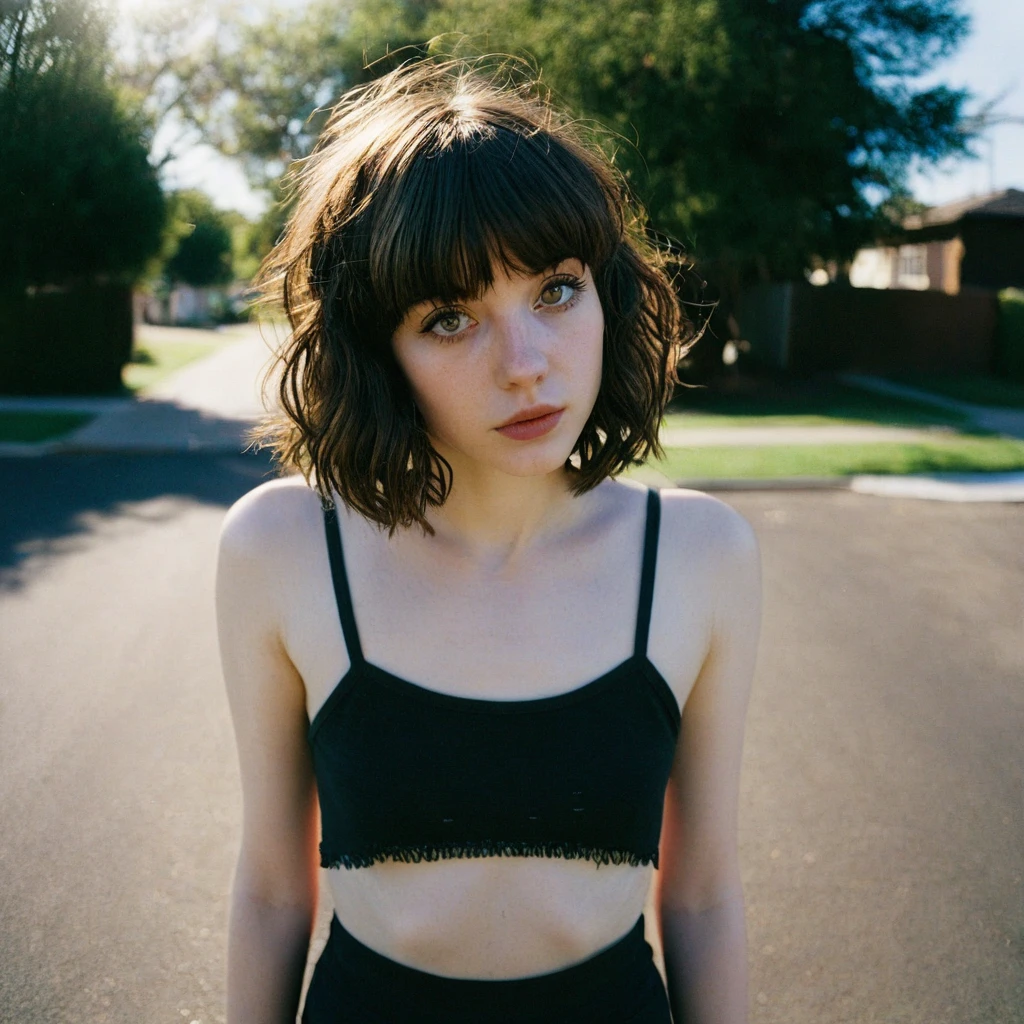 a melancholy photography, lomography, natural lighting,Ultra-Wide Angle, Fujifilm, Negative Space,cinematic photo of a 24 year old girl, with a slender, petite physique, pale skin, dark brown hair messy wavy bob with bangs. Almond shaped eyes, big, wide and spaced apart, short with a slim frame, thin, skinny physique, broad shoulders, walking to the bus stop