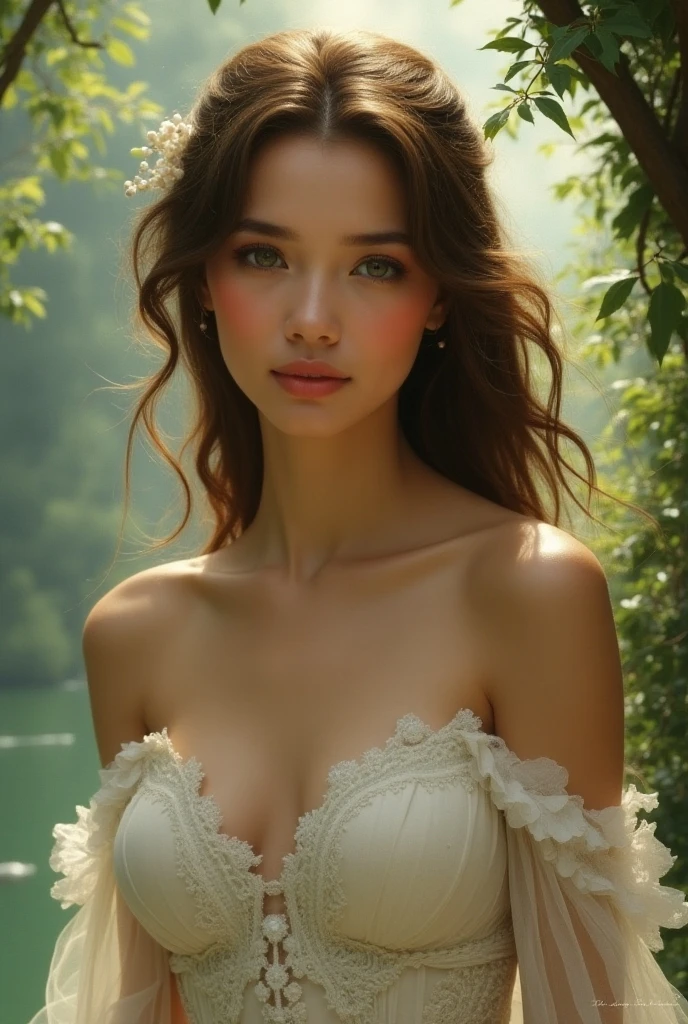 Create a blue-eyed white woman with big breasts