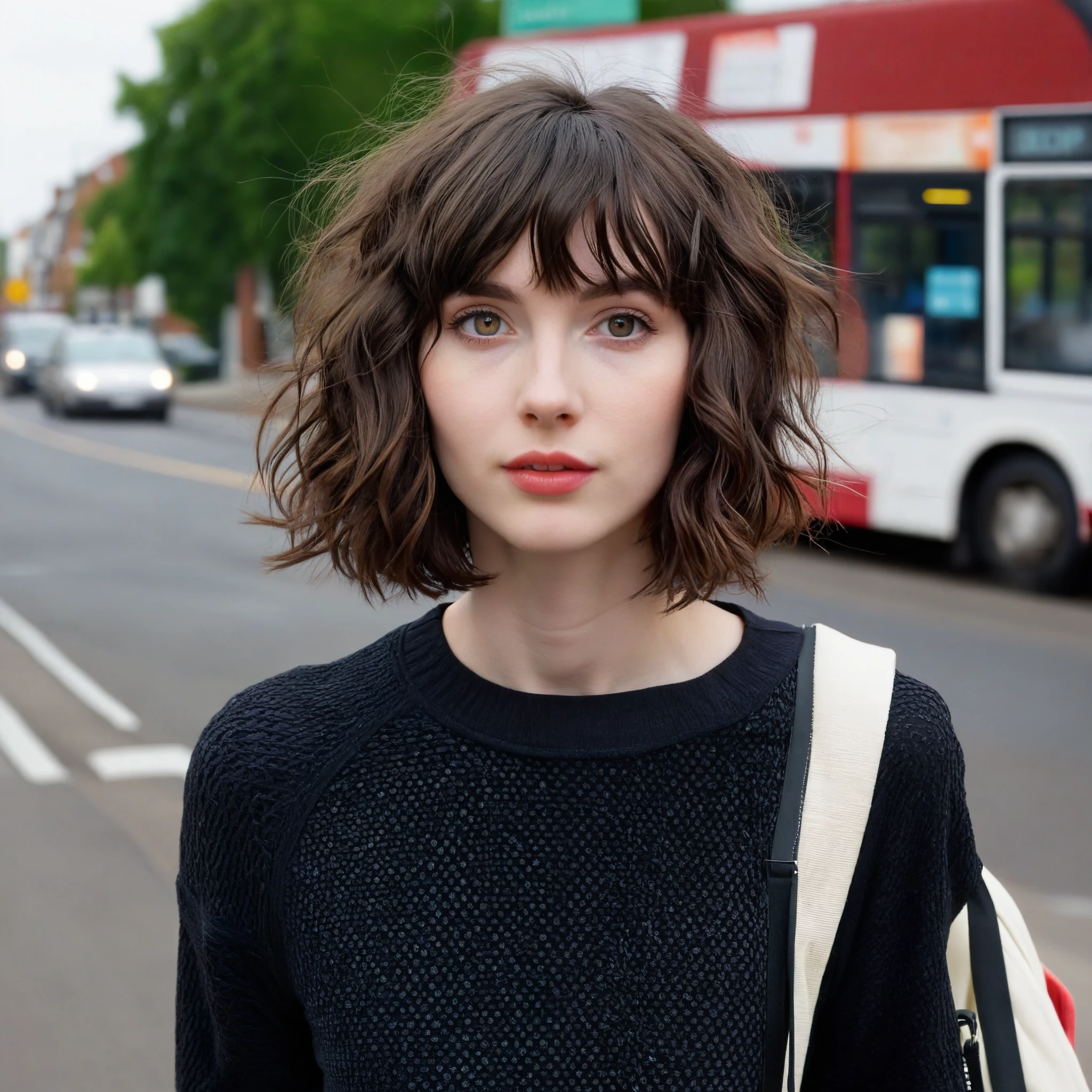 Portrait of a 24 year old girl, with a slender, petite physique, pale skin, dark brown hair messy wavy bob with bangs. Almond shaped eyes, big, wide and spaced apart, short with a slim frame, thin, skinny physique, broad shoulders, walking to the bus stop