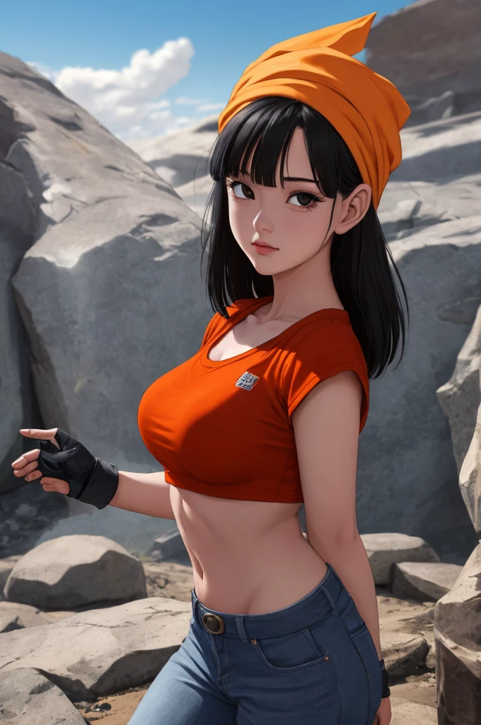 1 eighteen year old girl, realistic 1.2, athletic body,  teenager, perfect face, perfect eyes, pan dragon ball gt, black eyes,  black hair ,  short hair, orange bandana, pants, fingerless gloves,  big boobs, red shirt, short top, outdoor, vfx (Visual Effect)  highlights intricate anatomical features in a perfect way. sfx,  complements visual art , immersing the viewer. The level of detail is inspiring,  with intricate elements meticulously crafted ,  Volumetric effects add depth and dimension , and the photorealism is unmatched.  The image is rendered in 8K resolution ,  ensuring super-detailed visuals .  Volumetric lighting adds a touch of magic ,  highlighting your beauty and aura in a supernatural way . A High Dynamic Range technology (HDR) makes the cores stand out, adding richness to the overall composition. Finally, this art presents an unreal portrait.