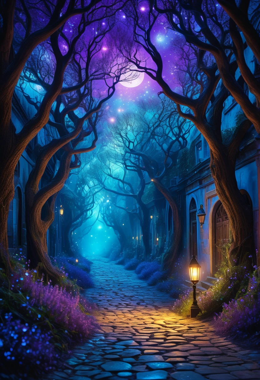 Visualize a mystical alley infused with an otherworldly charm, as if stepping into a realm where reality and fantasy intertwine. The alley is lined with ancient, gnarled trees whose branches reach like skeletal fingers towards the starlit sky. Bioluminescent flora cast a ghostly glow, illuminating the path with hues of blues and purples that shift and shimmer with each breath of the night wind. The cobblestones beneath your feet are etched with arcane symbols, hinting at magic and mystery. In the detailed background, ethereal figures can be glimpsed—a fleeting glance, a whisper of laughter—adding to the sense of enchantment. A soft, melodic hum pervades the air, like a lullaby sung by the very fabric of the universe. This scene is a confluence of breathtaking beauty and dreamlike wonder, an ethereal journey through an alley that exists at the crossroads of time and space, inviting the beholder into its mysterious embrace.
