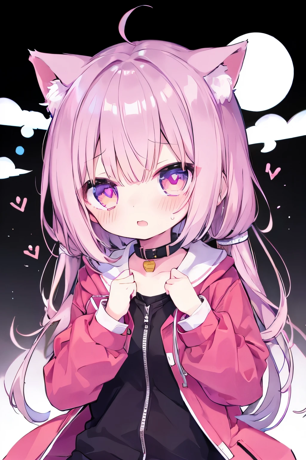  oversized jacket 、 wear a collar 、elementary school girl、,Pink Shortcut,Very beautiful and Shining Eyes、Shining Eyes、 1 girl、 small breasts、Cat ears elementary school girl、Very beautiful and Shining Eyes、Shining Eyes、1 person、cat ears、((((()))))、heart❤、((sweat、vapor)）、Flattery、Embarrassed