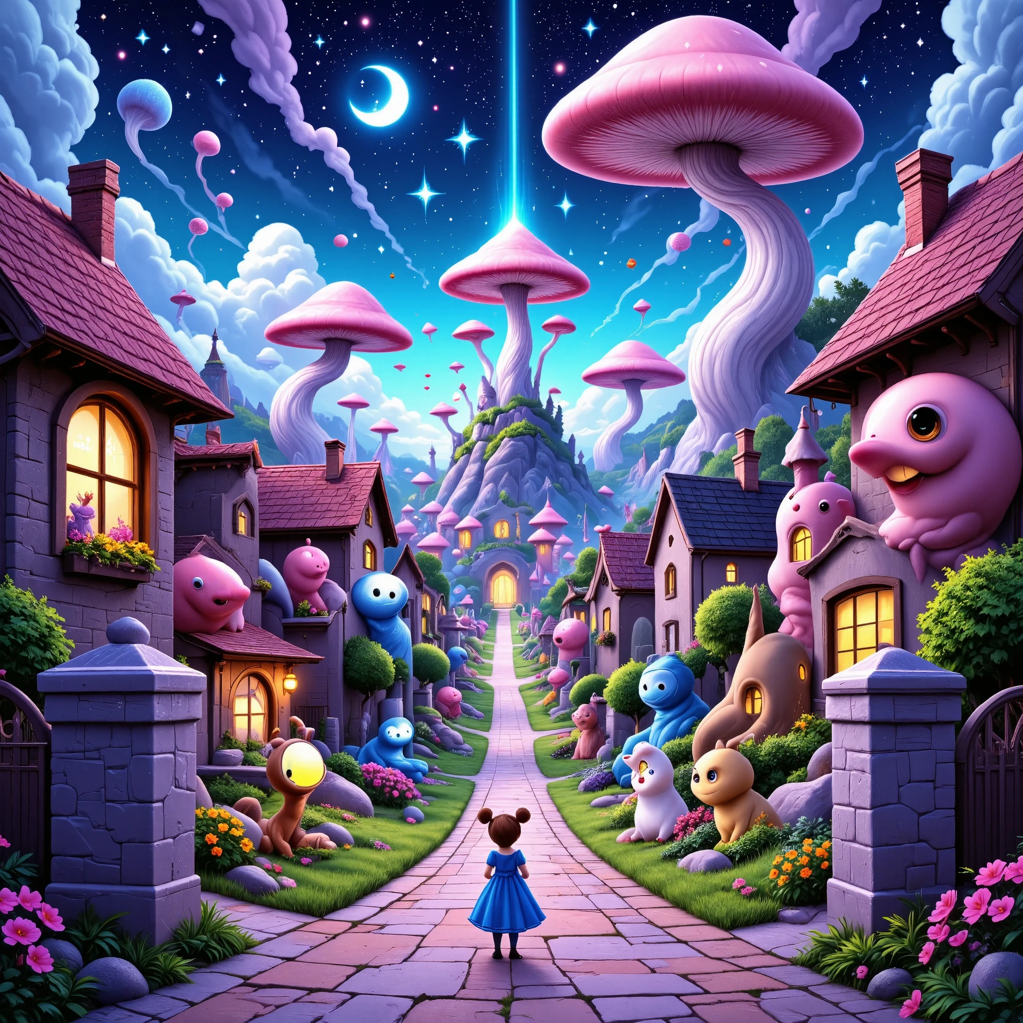 Late at night in a residential area, when you turn a corner, you will find a pop, fairytale, pastel-toned, mysterious fantasy world reminiscent of Disney's Alice in Wonderland.