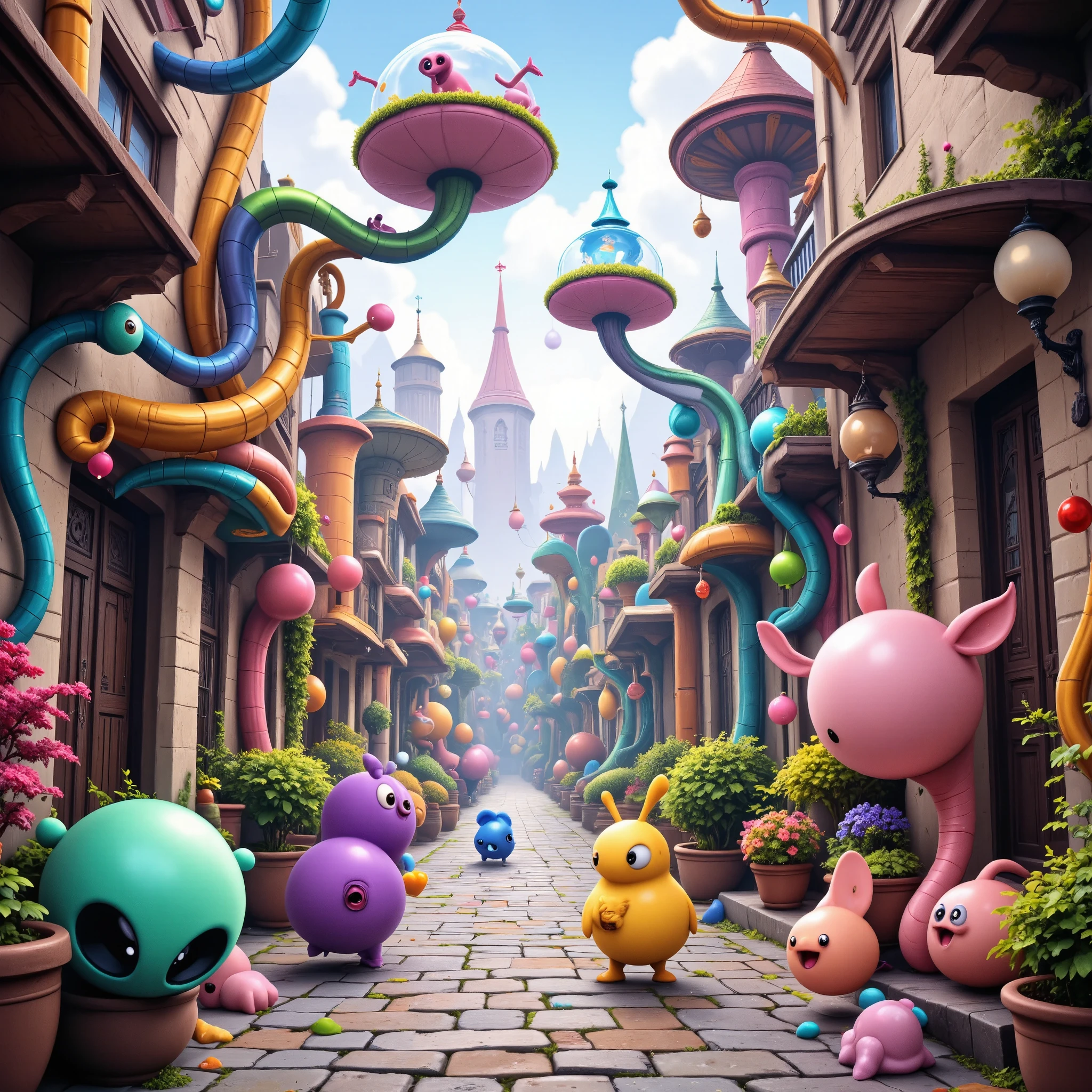 (An ordinary alley in a residential area late at night), When you turn the corner, you will find yourself in a pop, fairytale, pastel-toned, mysterious fantasy world reminiscent of Disney's Alice in Wonderland