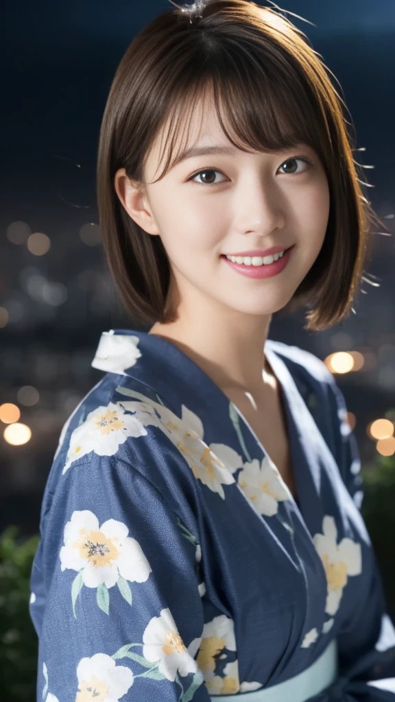  1 girl, (Wearing a floral yukata on a hill overlooking the city:1.2), (街を見下ろす丘の上に:1.4), (Fireworks in the background:1.3), ( RAW Photos, Best Quality), (Realistic, photorealistic:1.4), masterpiece,  very delicate and beautiful ,  extremely detailed, 8k wallpaper, wonderful, Detailed ,  extremely detailed CG unity 8k wallpaper, Super detailed,  high definition, Soft light,  Beautiful Detailed Girl , detailed eyes and face,   beautiful detailed nose ,  beautiful detailed eyes,  cinematic lighting, City lights at night, Starry Sky,  COMPLETE ANATOMY, smile