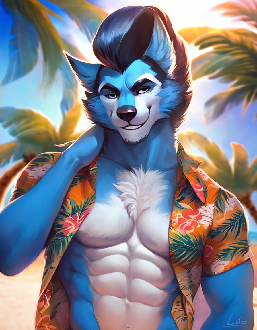 Artistic portrait work, appearance: Alone, furry, lobo,  men's, blue body, abs on body, with Pompadour hairstyle, attire: a short,  and Hawaiian open shirt, background behind: playa, ocean, palm trees, pose: standing,  arm behind the head , proud smile, angle shot: half body.