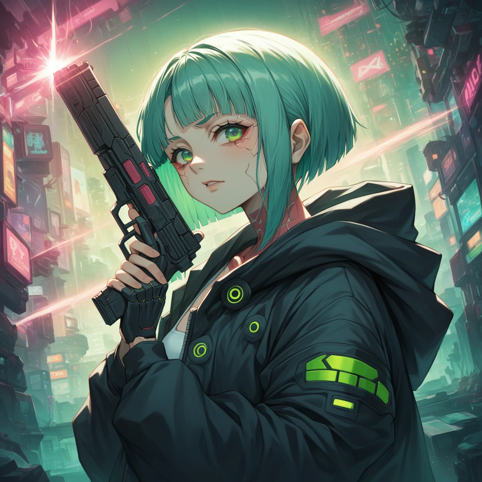 a woman with green eyes and a black jacket holding a gun, anime cyberpunk art, cyberpunk anime girl, best anime 4k konachan wallpaper, cyberpunk anime girl mech, female cyberpunk anime girl, cyberpunk anime art, anime style 4 k, digital cyberpunk anime art, cyberpunk anime girl in hoodie, anime wallpaper 4k, anime wallpaper 4 k, anime cyberpunk, skullzero loco letter