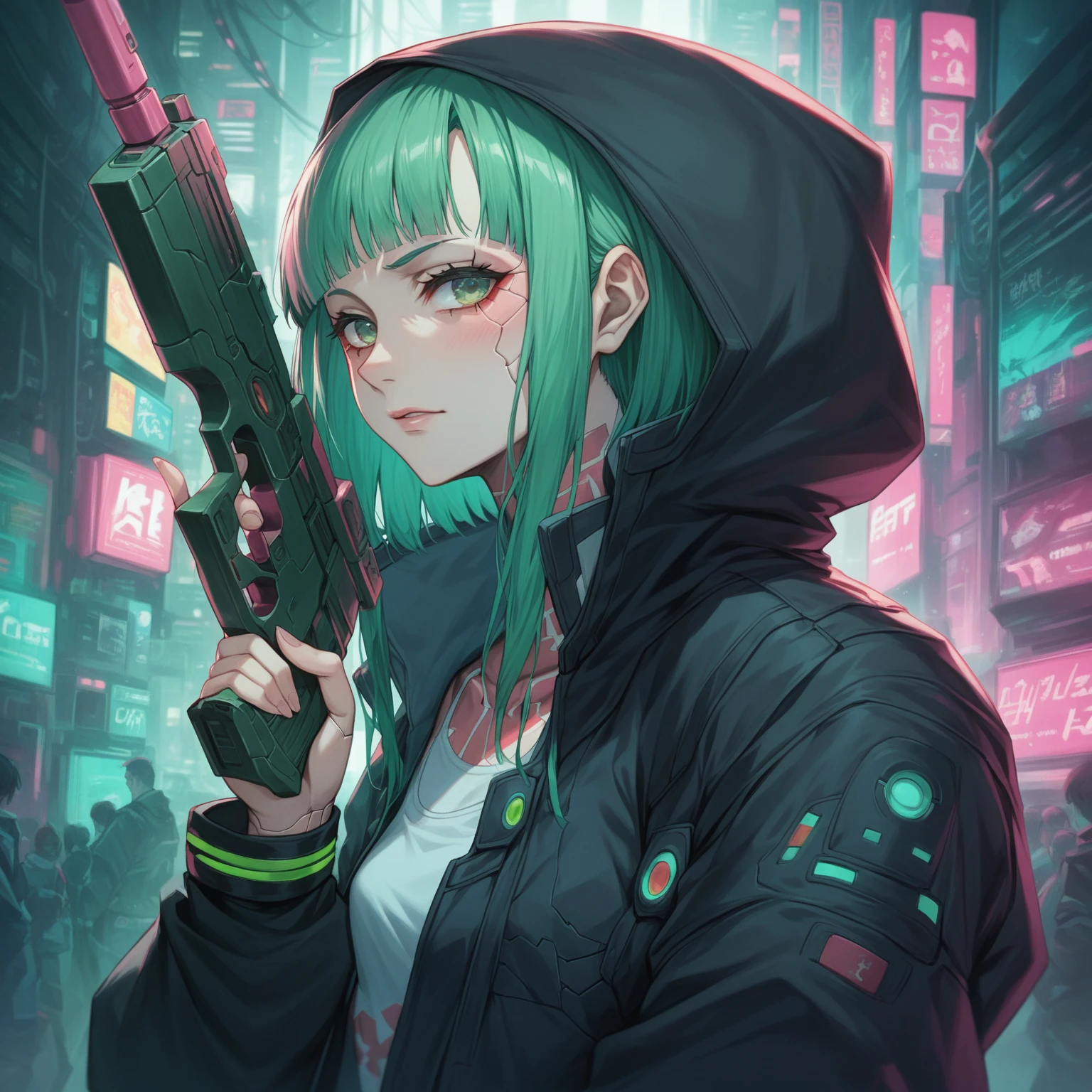 a woman with green eyes and a black jacket holding a gun, anime cyberpunk art, cyberpunk anime girl, best anime 4k konachan wallpaper, cyberpunk anime girl mech, female cyberpunk anime girl, cyberpunk anime art, anime style 4 k, digital cyberpunk anime art, cyberpunk anime girl in hoodie, anime wallpaper 4k, anime wallpaper 4 k, anime cyberpunk, skullzero loco letter