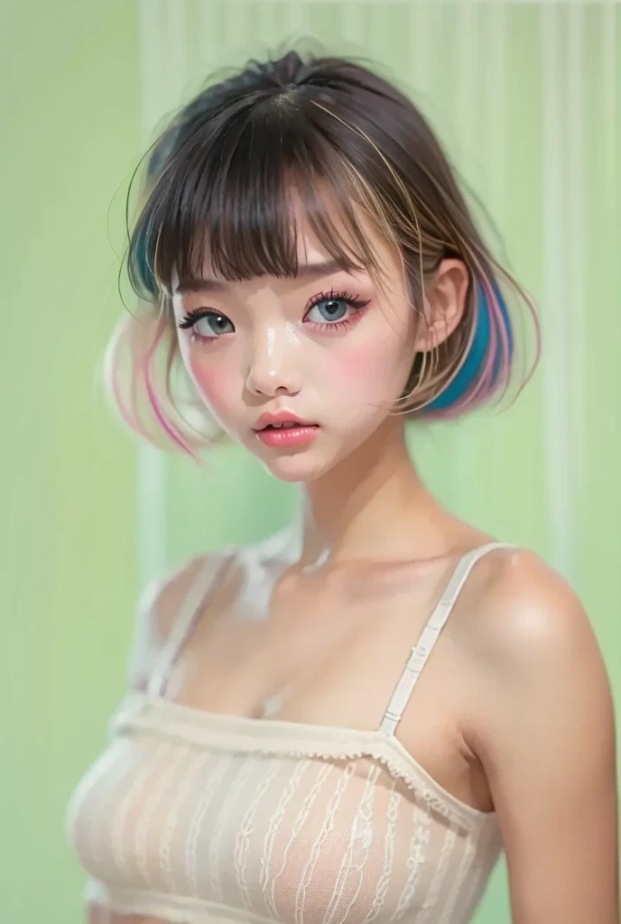 (  Details) ,  HYPER DETAIL , Realistic Portrait ,  perfect face.Teenage Girl,front, clear double eyelids, blue eyes and long eyelashes, Realistic Face,  Details skin、 The lips are big and thick、black pink short hair , Forehead bangs  , Sheer cropped off-the-shoulder top and white high-waisted pleated skirt , Bra Shoulder Straps , White background , Soft Shadows、 Cozy and relaxed vibe  