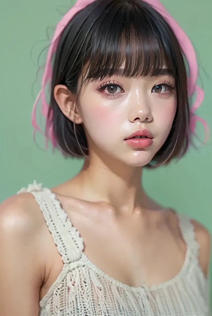 (  Details) ,  HYPER DETAIL , Realistic Portrait ,  perfect face.Teenage Girl,front, clear double eyelids, blue eyes and long eyelashes, Realistic Face,  Details skin、 The lips are big and thick、black pink short hair , Forehead bangs  , Sheer cropped off-the-shoulder top and white high-waisted pleated skirt , Bra Shoulder Straps , White background , Soft Shadows、 Cozy and relaxed vibe  