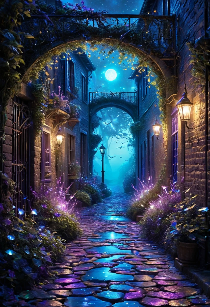 A mysterious alley full of otherworldly charm, as if you have stepped into a realm where reality and illusion intersect. In that alleyway, the branches of old trees stretch like skeletal fingers towards the starry sky. Bioluminescent plants cast an ethereal glow, and every time the night wind blows, blue and purple colours shift and shimmer, illuminating the path. The cobblestones underfoot are inscribed with arcane symbols, suggesting magic and mystery. Ethereal figures are glimpsed in the detailed background. A soft, melodic humming covers the air. The scene is a confluence of breathtaking beauty and dreamlike wonder, an ethereal journey through an alleyway existing at the intersection of time and space, inviting the viewer into a mystical embrace.