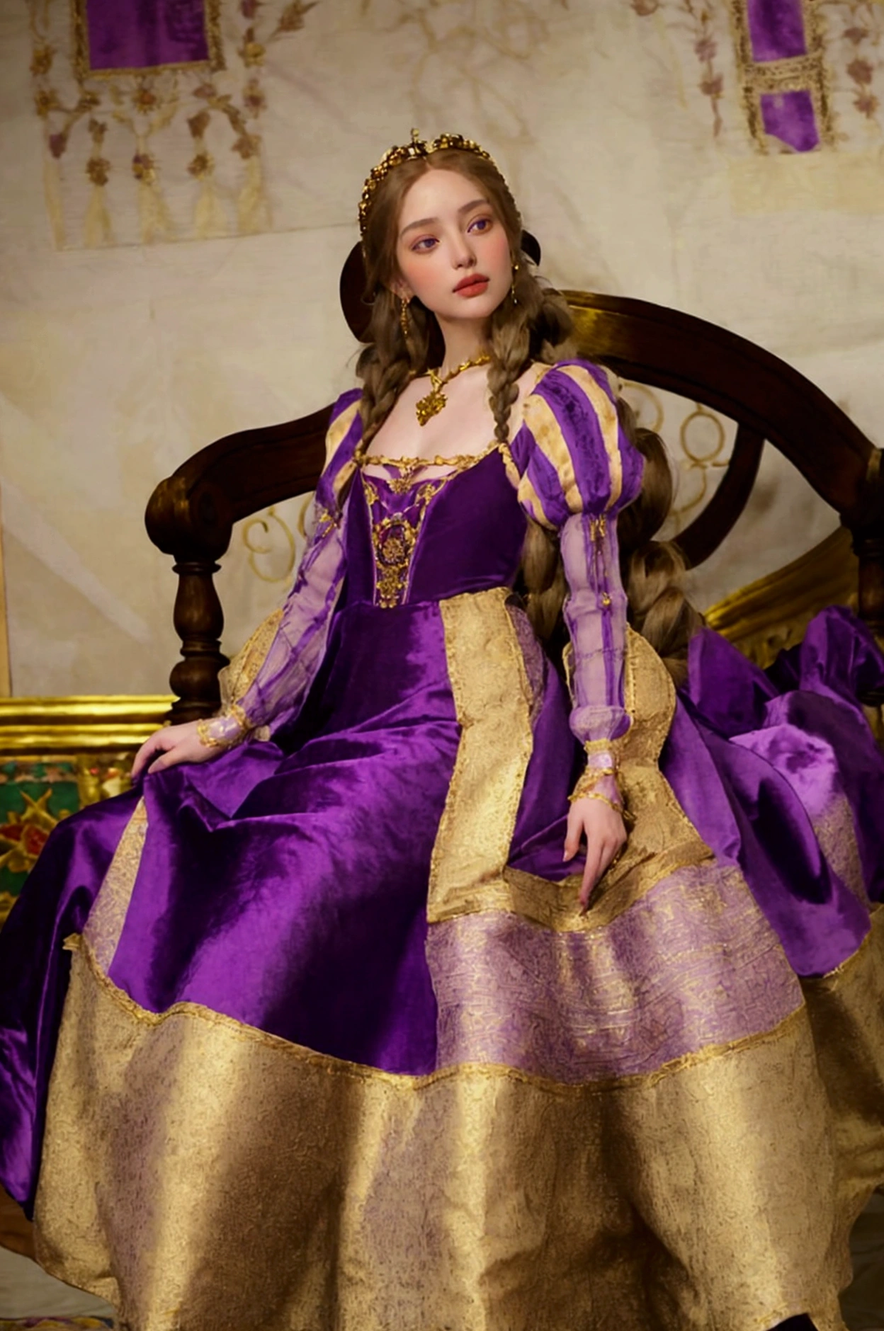 Rapunzel with her long golden hair in intricate braids woven with amethyst beads and wearing an Italian Renaissance style purple velvet gown with long tight sleeves that have a purple striped silk puff at the top and a high waisted bodice with a gold stonacher, and a full skirt embroidered in gold patterns.