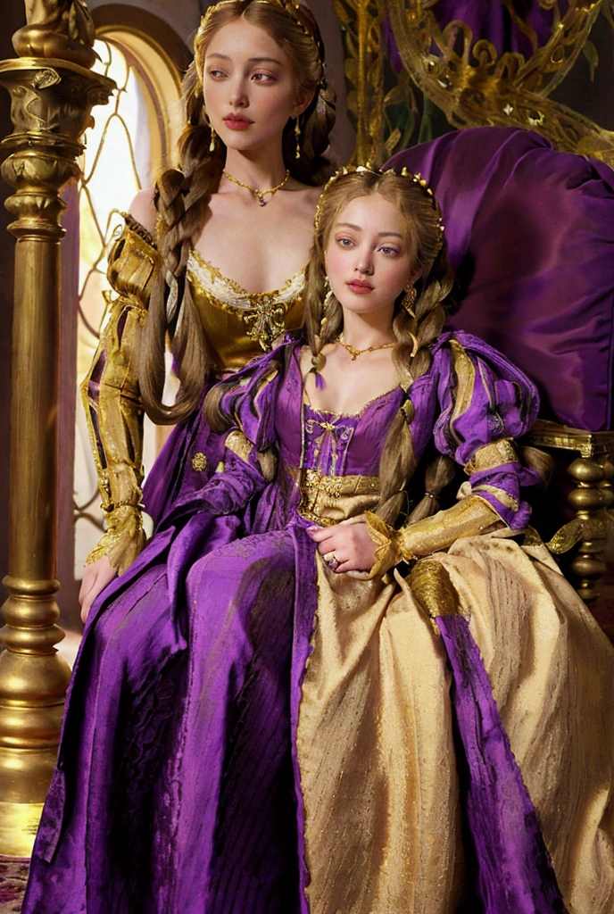 Rapunzel with her long golden hair in intricate braids woven with amethyst beads and wearing an Italian Renaissance style purple velvet gown with long tight sleeves that have a purple striped silk puff at the top and a high waisted bodice with a gold stonacher, and a full skirt embroidered in gold patterns.