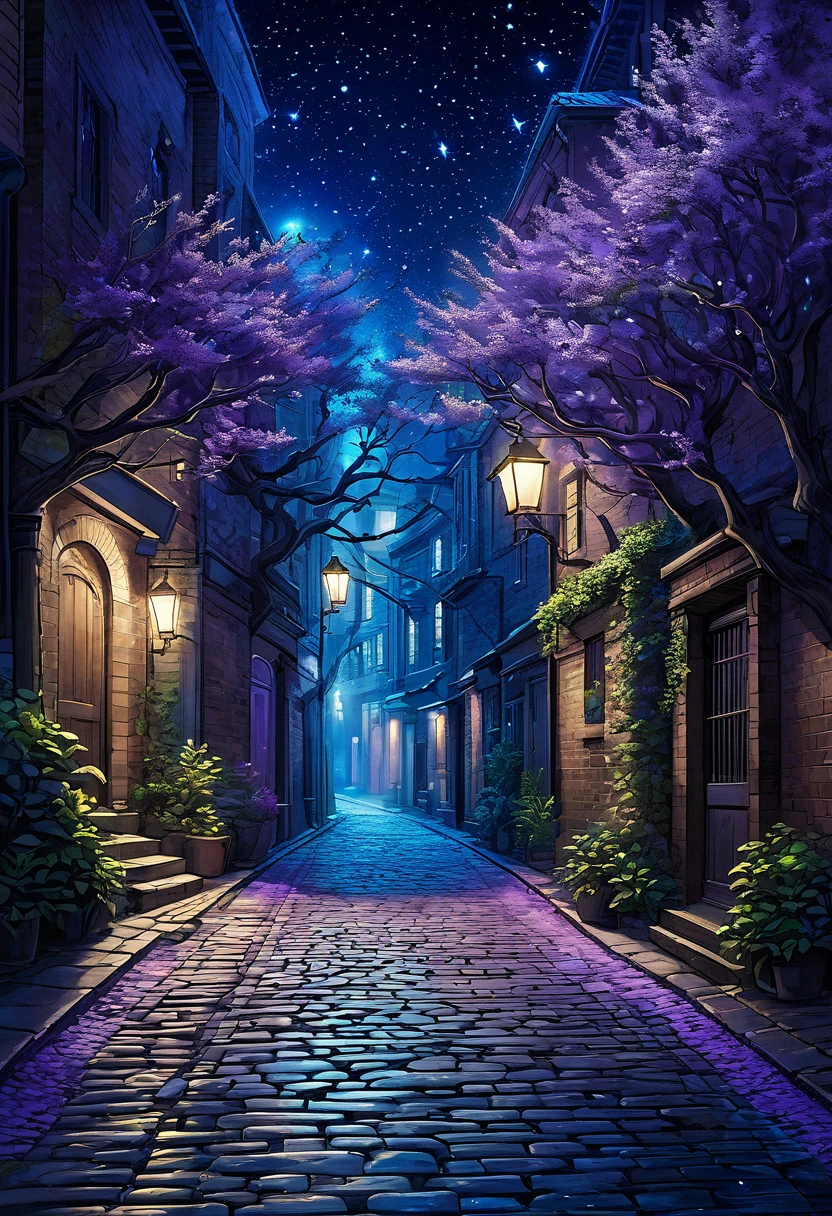 A mysterious alley full of otherworldly charm, as if you have stepped into a realm where reality and illusion intersect. In that alleyway, the branches of old trees stretch like skeletal fingers towards the starry sky. Bioluminescent plants cast an ethereal glow, and every time the night wind blows, blue and purple colours shift and shimmer, illuminating the path. The cobblestones underfoot are inscribed with arcane symbols, suggesting magic and mystery. Ethereal figures are glimpsed in the detailed background. A soft, melodic humming covers the air. The scene is a confluence of breathtaking beauty and dreamlike wonder, an ethereal journey through an alleyway existing at the intersection of time and space, inviting the viewer into a mystical embrace.