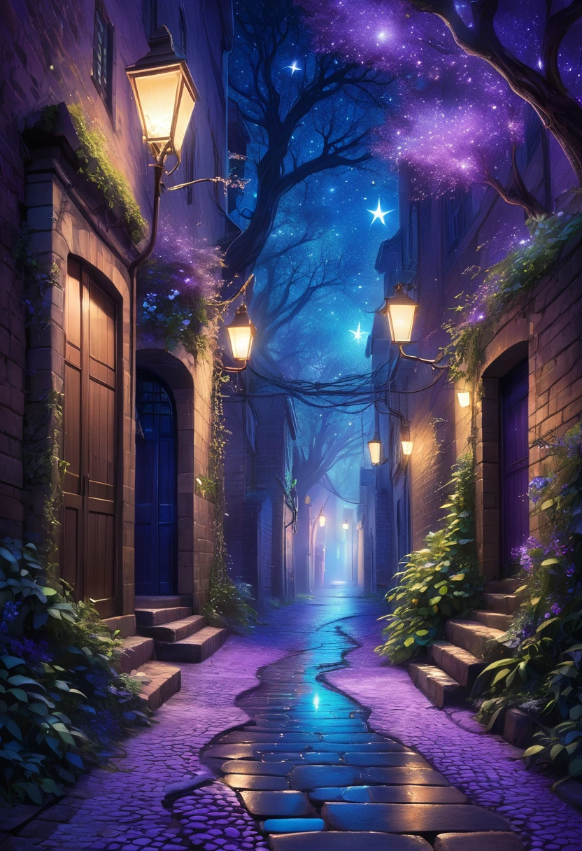 A mysterious alley full of otherworldly charm, as if you have stepped into a realm where reality and illusion intersect. In that alleyway, the branches of old trees stretch like skeletal fingers towards the starry sky. Bioluminescent plants cast an ethereal glow, and every time the night wind blows, blue and purple colours shift and shimmer, illuminating the path. The cobblestones underfoot are inscribed with arcane symbols, suggesting magic and mystery. Ethereal figures are glimpsed in the detailed background. A soft, melodic humming covers the air. The scene is a confluence of breathtaking beauty and dreamlike wonder, an ethereal journey through an alleyway existing at the intersection of time and space, inviting the viewer into a mystical embrace.