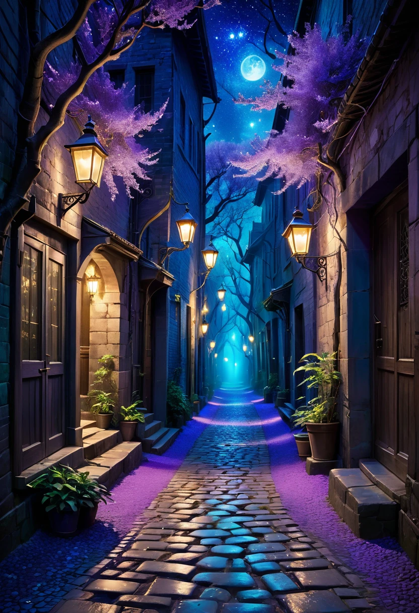 A mysterious alley full of otherworldly charm, as if you have stepped into a realm where reality and illusion intersect. In that alleyway, the branches of old trees stretch like skeletal fingers towards the starry sky. Bioluminescent plants cast an ethereal glow, and every time the night wind blows, blue and purple colours shift and shimmer, illuminating the path. The cobblestones underfoot are inscribed with arcane symbols, suggesting magic and mystery. Ethereal figures are glimpsed in the detailed background. A soft, melodic humming covers the air. The scene is a confluence of breathtaking beauty and dreamlike wonder, an ethereal journey through an alleyway existing at the intersection of time and space, inviting the viewer into a mystical embrace.