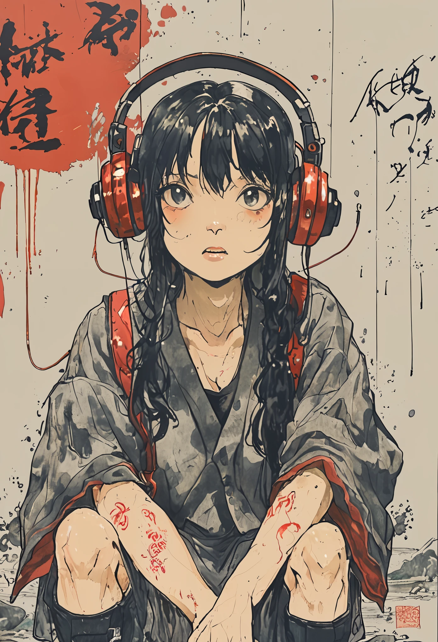 sketch、Ink Painting、 beautiful japanese girl、 Kawanabe Kyosai's Style、uniform、Nike sneakers、Shibuya、Headphones、Depression、from adove