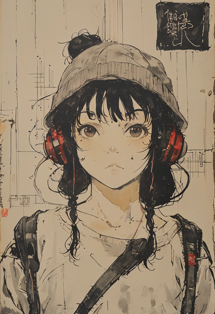 sketch、Ink Painting、 beautiful japanese schoolgirl、Kawanabe Kyosai's style、uniform、Nike sneakers、Shibuya、Headphones、Knitted hat、Rack Sack、Depression、from adove