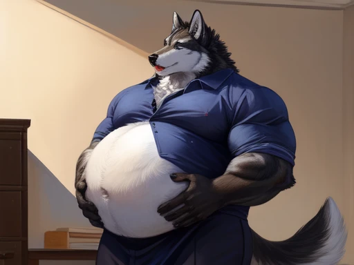 White wolf, fat, big belly, cumflated belly, tight dress shirt, holding his belly, tired, muscular, huge cumflated round belly, black muscular wolf behind white woolf, black wolf holds white wolfs big belly from behind, 