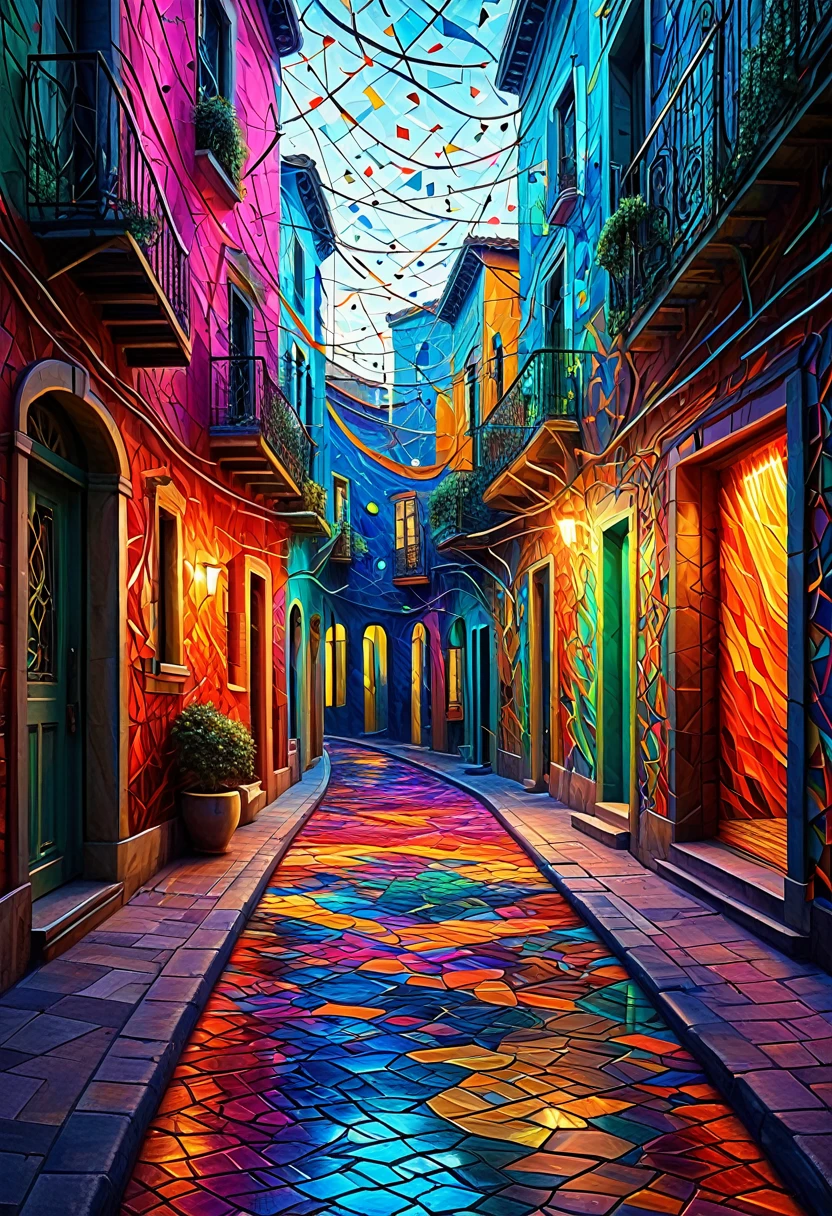 Imagine an alley entangled in a dance of colors and shapes, where the boundaries between reality and imagination blur. The alley is a swirling mass of vibrant hues, with bold brushstrokes that twist and turn like a whirlwind. Shapes morph and blend into one another, creating an ever-changing landscape filled with lively geometric forms. A mosaic of textures adds depth to the scene, as if the alley itself is alive and breathing. This abstract spectacle is highlighted by a detailed background, rich in color and energy, evoking emotions that range from mysterious to exhilarating. The atmosphere is thick with the weight of untold stories hidden in each curve and corner. The alley is a testament to the boundless possibilities of abstract expression, offering a visual symphony that is simultaneously beautiful and enigmatic