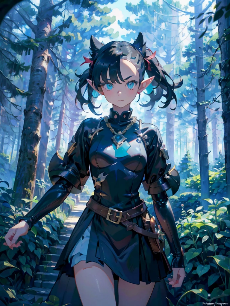 solo 1girl, (marnie pokemon), ((masterpiece)), ((high resolution)), ((best quality)), extremely fine and beautiful, (insanely detailed anime eyes), detailed face, vivid and beautiful, shocking sensation, incredibly detailed, beautiful detailed girl, front view, facing at viewer, perfect shadow, realistic lighting shaded, (black hair), (small breast), ((elf ears)), heavy armor, medieval armor, ((forest background)), turquoise eyes