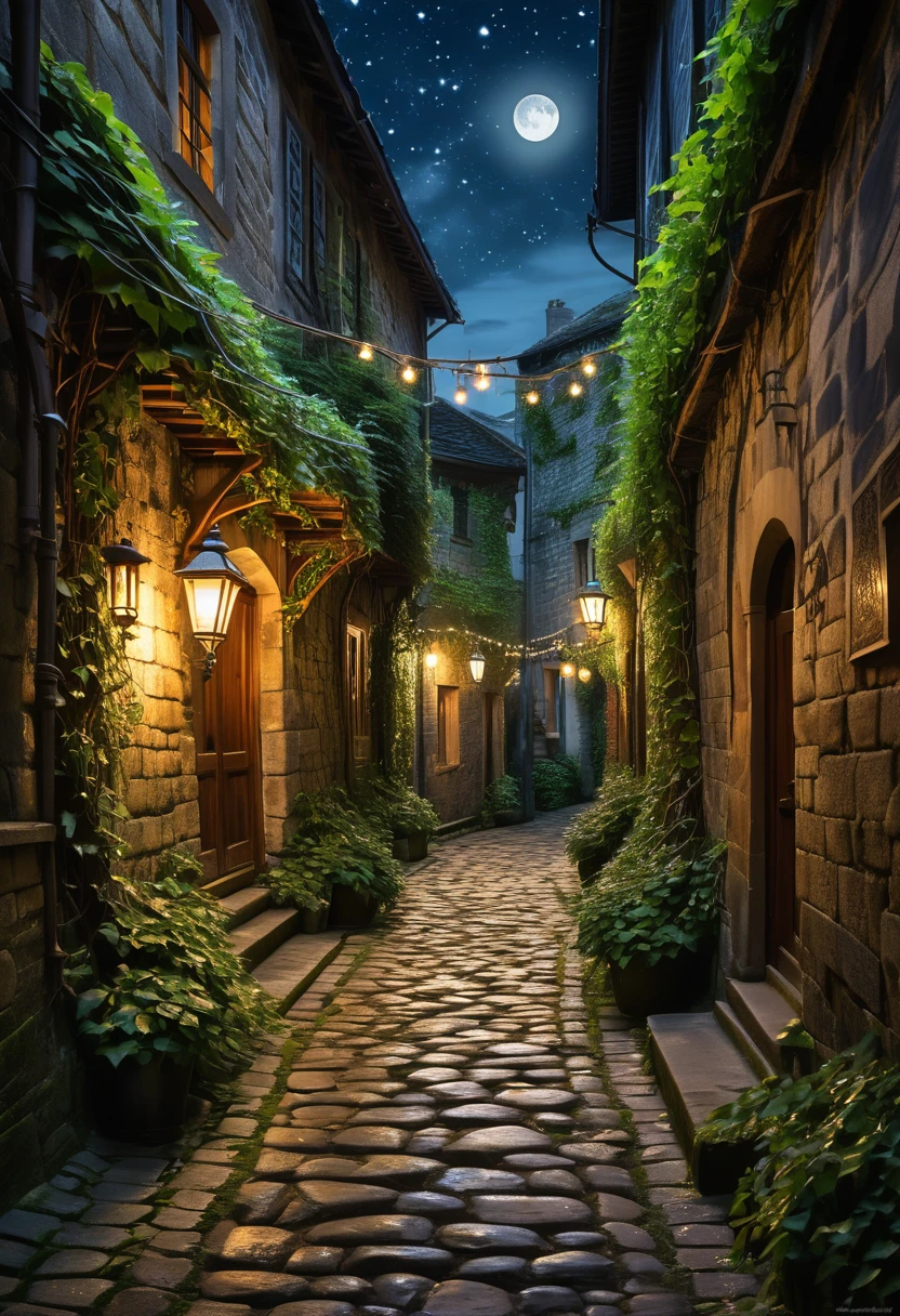 Visualize a narrow, winding alley that seems to have stepped out of a bard's lyrical tale. Every cobblestone is imbued with stories of old, whispered by the gentle caress of the wind. Ivy-clad walls rise on either side, their surfaces intricately decorated with detailed patterns of timeworn graffiti and creeping vines. A moonlit sky casts silvery light, which dances upon the glistening stones, creating a tapestry of shadows that tell tales of forgotten love and adventures. Lanterns glow with a warm amber hue, their flickering lights reminiscent of distant stars guiding the way. The background, beautifully detailed, offers glimpses of silhouetted figures wrapped in cloaks, perhaps travelers or spirits of the past. The air is thick with a sense of mystery, as if the alley holds its breath, ready to reveal secrets only to those who dare to listen. This scene is a harmonious blend of enchanting beauty and timeless mystery