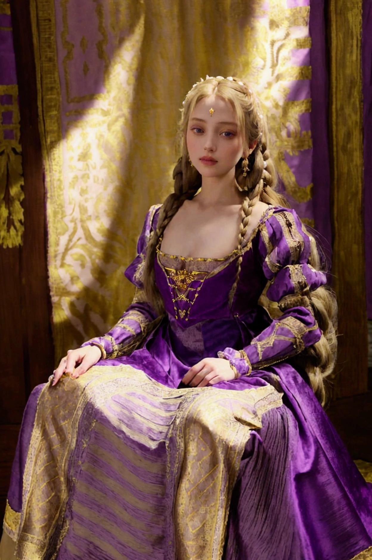 Rapunzel with her long blonde hair in intricate braids woven with amethyst beads and wearing an Italian Renaissance style purple velvet gown with long tight sleeves that have a purple striped silk puff at the top and a high waisted bodice with a gold stonacher, and a full skirt embroidered in gold patterns.