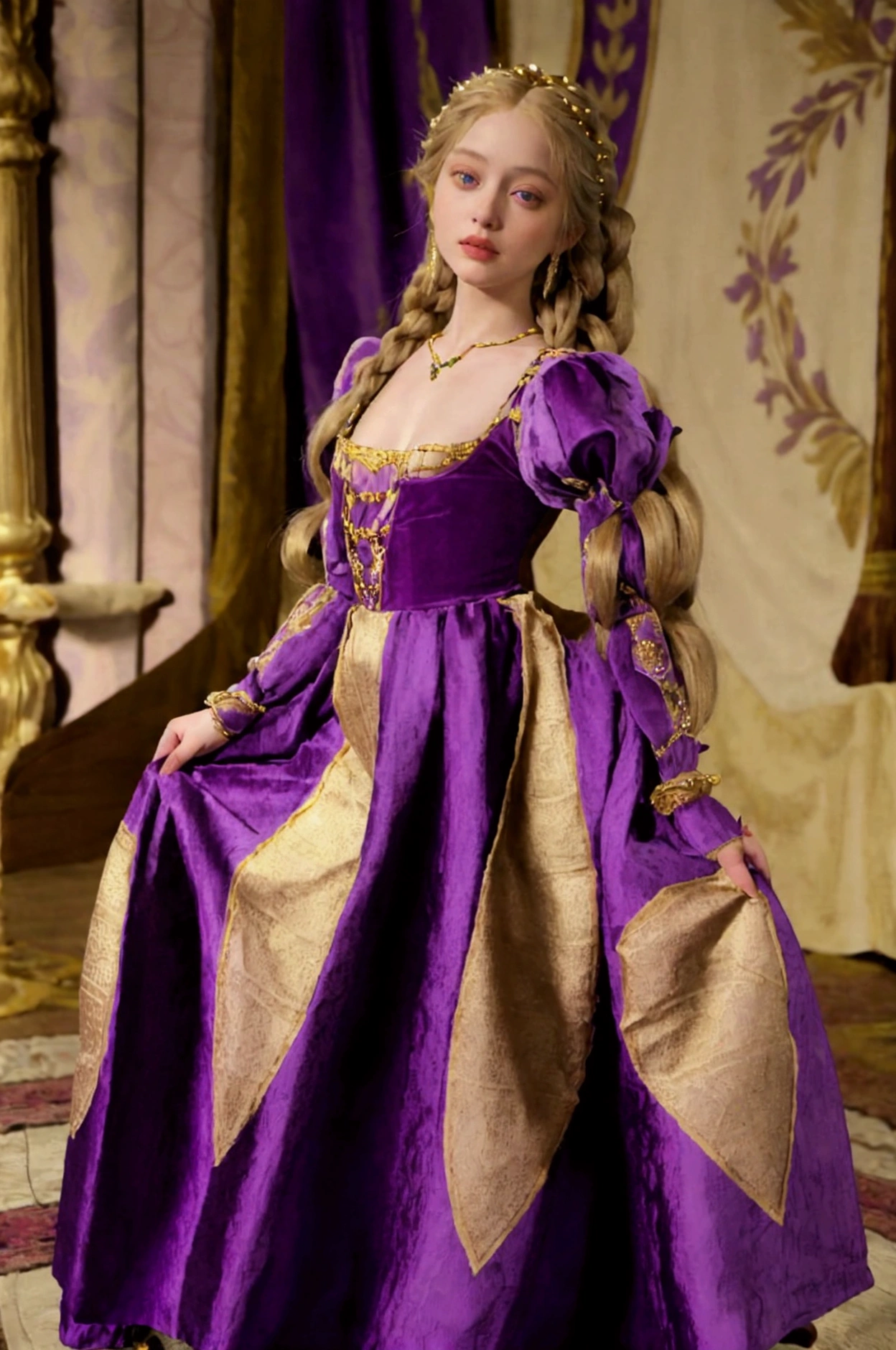 Rapunzel with her long blonde hair in intricate braids woven with amethyst beads and wearing an Italian Renaissance style purple velvet gown with long tight sleeves that have a purple striped silk puff at the top and a high waisted bodice with a gold stonacher, and a full skirt embroidered in gold patterns.