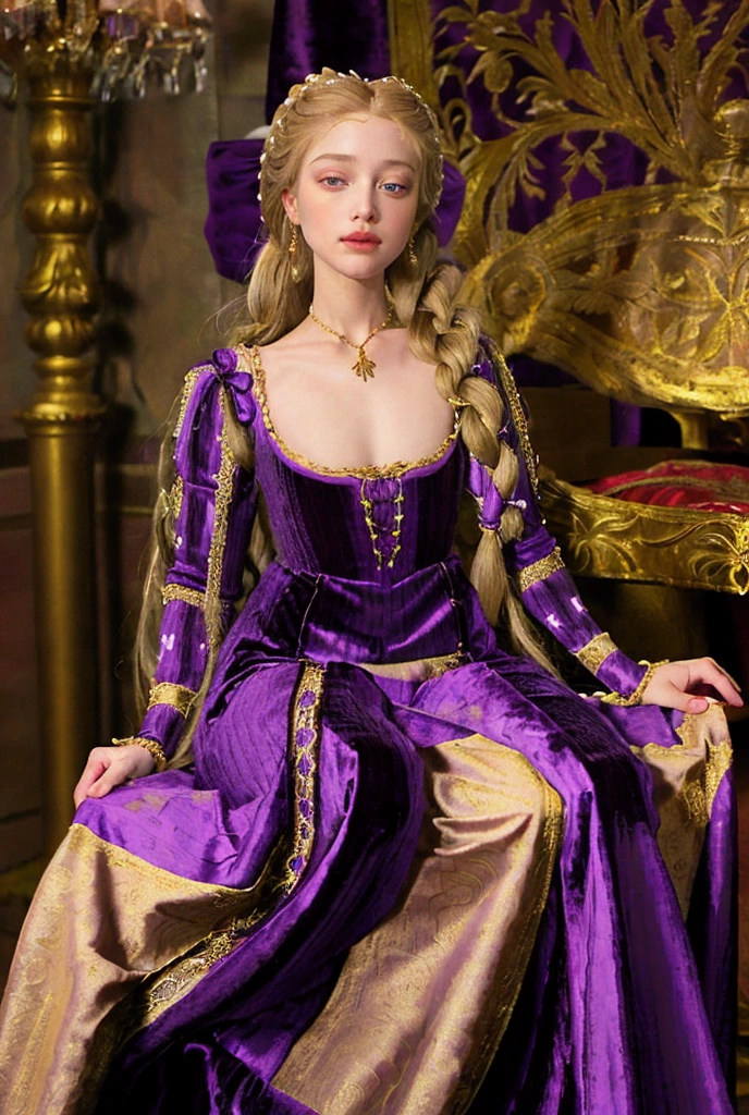 Rapunzel with her long blonde hair in intricate braids woven with amethyst beads and wearing an Italian Renaissance style purple velvet gown with long tight sleeves that have a purple striped silk puff at the top and a high waisted bodice with a gold stonacher, and a full skirt embroidered in gold patterns.