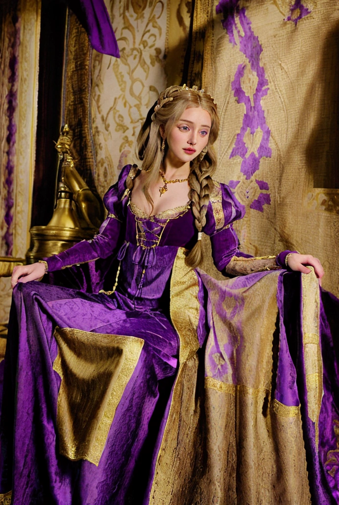 Rapunzel with her long blonde hair in intricate braids woven with amethyst beads and wearing an Italian Renaissance style purple velvet gown with long tight sleeves that have a purple striped silk puff at the top and a high waisted bodice with a gold stonacher, and a full skirt embroidered in gold patterns.