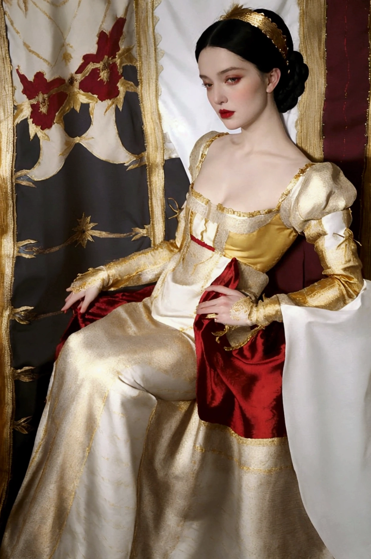 Snow White with her black hair in a gold beaded Renaissance style net and wearing a red silk gown with long sleeves of royal blue silk slashed along the sides with puffs of white silk pulled out between the slashes and a high waisted bodice, and gold embroidery on the bodice.