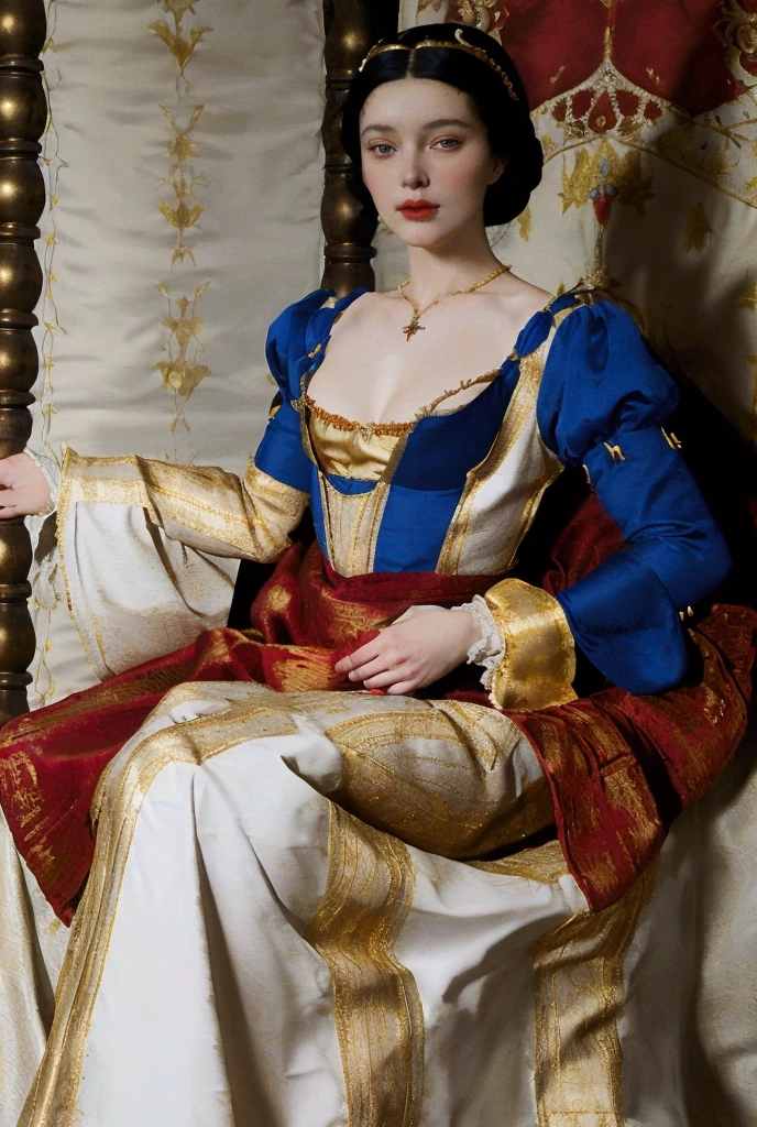 Snow White with her black hair in a gold beaded Renaissance style net and wearing a red silk gown with long sleeves of royal blue silk slashed along the sides with puffs of white silk pulled out between the slashes and a high waisted bodice, and gold embroidery on the bodice.