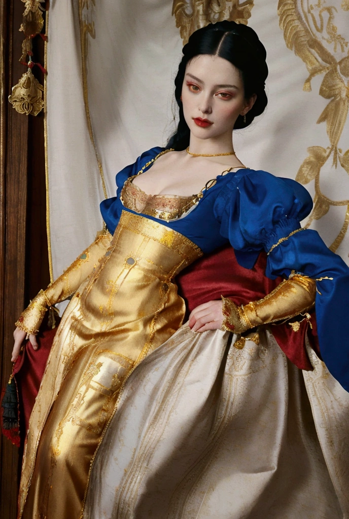 Snow White with her black hair in a gold beaded Renaissance style net and wearing a red silk gown with long sleeves of royal blue silk slashed along the sides with puffs of white silk pulled out between the slashes and a high waisted bodice, and gold embroidery on the bodice.