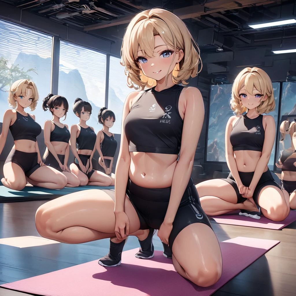 japanese animestyle,(Best Quality,4K, High Resolution ,masterpiece:1.2), very detailed,(whole body, I Can See Your Feet and Shoes: 1.2),An anime-style illustration set in a yoga studio, showing a group of students practicing yoga alongside their instructor. The setting includes a mirrored wall that reflects the participants' poses, allowing them to observe their movements and posture. The instructor, calm and focused, guides the students through their training with precision and grace. The atmosphere is peaceful and encouraging, emphasizing the focus and dedication in each person’s expression. The mirrored reflections add depth and realism to the scene, enhancing the immersive environment of the yoga class,beautiful woman、28 years old,verycuteAngel , smile,correct anatomy , Correct limbs, Plump lips, Extremely accurate details, Extremely detailed 8k wallpaper , very nice 8KCG wallpaper, top-quality detail, perfect eyes,