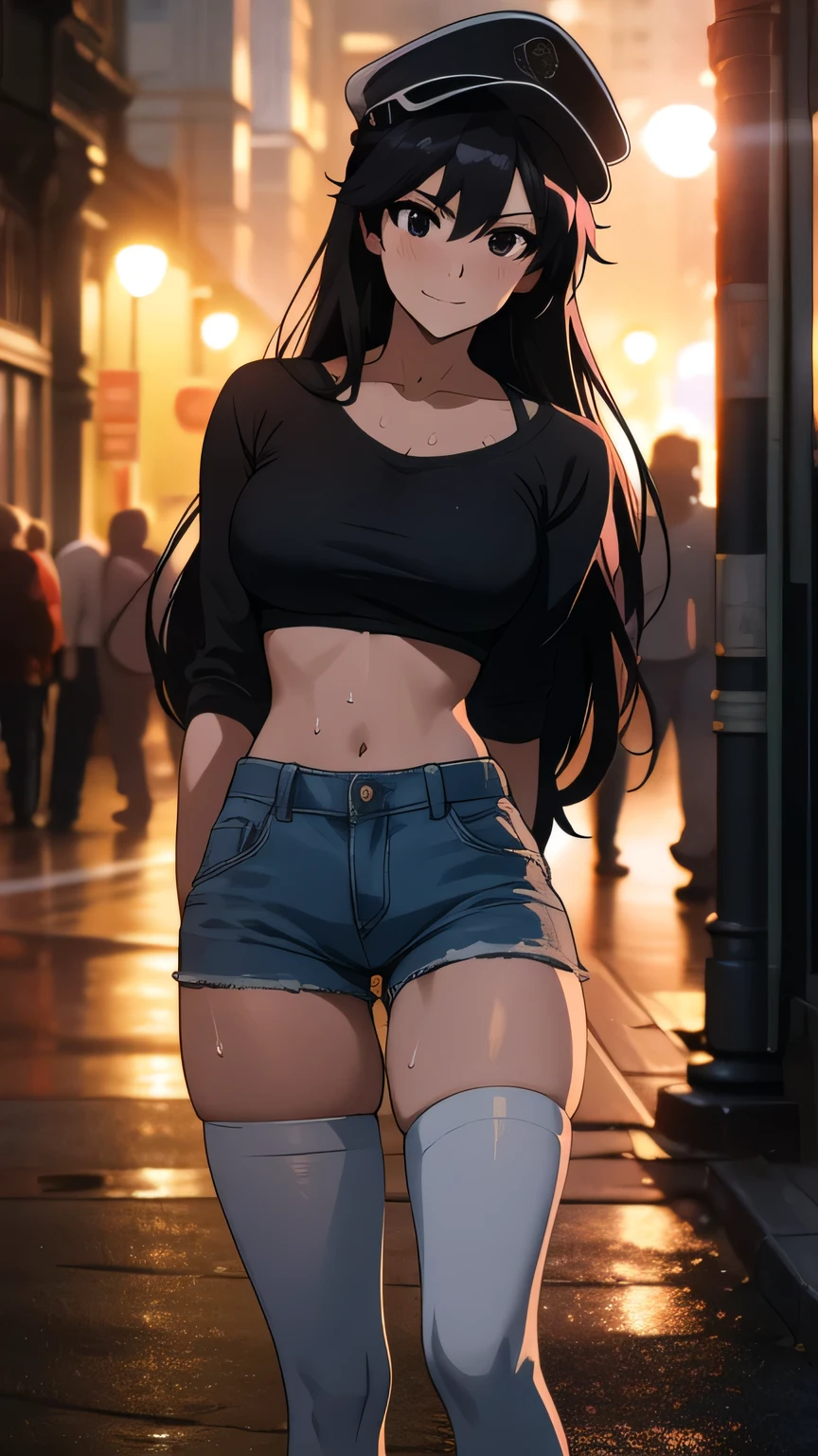 bambietta, bambietta basterbine, long hair, black hair, (black eyes:1.5), adult woman, huge breasts, fair skin,sweaty body, sweaty face, seductive smile, Looking at the viewer, pov eye contact, blushing,hat
BREAK black t-shirt, very short t-shirt, Denim hot pants, ripped pants, Thigh, stockings, smile, blush, cleavage, collarbone, night, outdoors, street, city, standing, full body, navel, underboob, front shot, outdoors,
BREAK looking at viewer, front shot,
BREAK indoors,
BREAK (masterpiece:1.2), best quality, high resolution, unity 8k wallpaper, (illustration:0.8), (beautiful detailed eyes:1.6), extremely detailed face, perfect lighting, extremely detailed CG, (perfect hands, perfect anatomy), masterpiece,best quality, official art, extremely detailed CG unity 8k wallpaper, ((top quality, 8k, masterpiece: 1.3, ultra hd, high quality, best quality, high definition, ((realism)), sharp focus: 1.5,(Very detailed CG unity 8K wallpaper), Dark Cinematic Lighting, cinematic lighting,