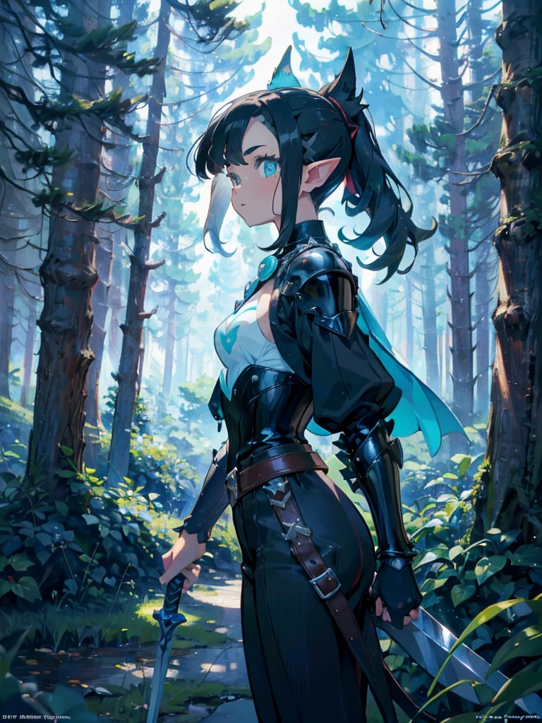 solo 1girl, (marnie pokemon), ((masterpiece)), ((high resolution)), ((best quality)), extremely fine and beautiful, (insanely detailed anime eyes), detailed face, vivid and beautiful, shocking sensation, incredibly detailed, beautiful detailed girl, front view, facing at viewer, perfect shadow, realistic lighting shaded, (black hair), (small breast), ((elf ears)), heavy armor, medieval armor, ((forest background)), turquoise eyes, (long ponytail), sword