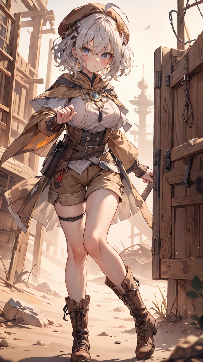 masterpiece, 1 girl, sparrow, a white haired girl, wearing a medieval villager clothes, curly short hair, messy hair, slim body, he close her left eye, shirt ornament, ruby eyes, ahoge, baby face, beautiful eyes, boots, droopy eyes, her age is 19, short hair, angry, curly hair, MongolPunkAI, view from right down, lend a hand to you, he very close to you, smug smile, rainbow_one, brown tunic shirt, brown shorts, brown beret, priestess, high quality, 8k, priestess, big breasts, beautiful breasts, white stocking, long sleeves, brown capelet, shsparkle, angry face