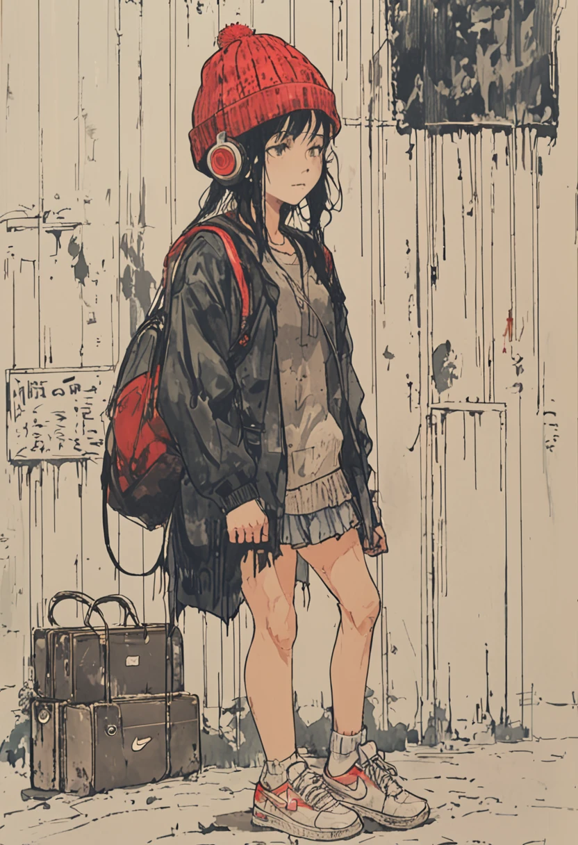 sketch、Ink Painting、 beautiful japanese schoolgirl、 Kawanabe Kyosai's Style、uniform、Nike sneakers、Shibuya、Headphones、Knitted hat、Rack Sack、stroll、Depression、from adove