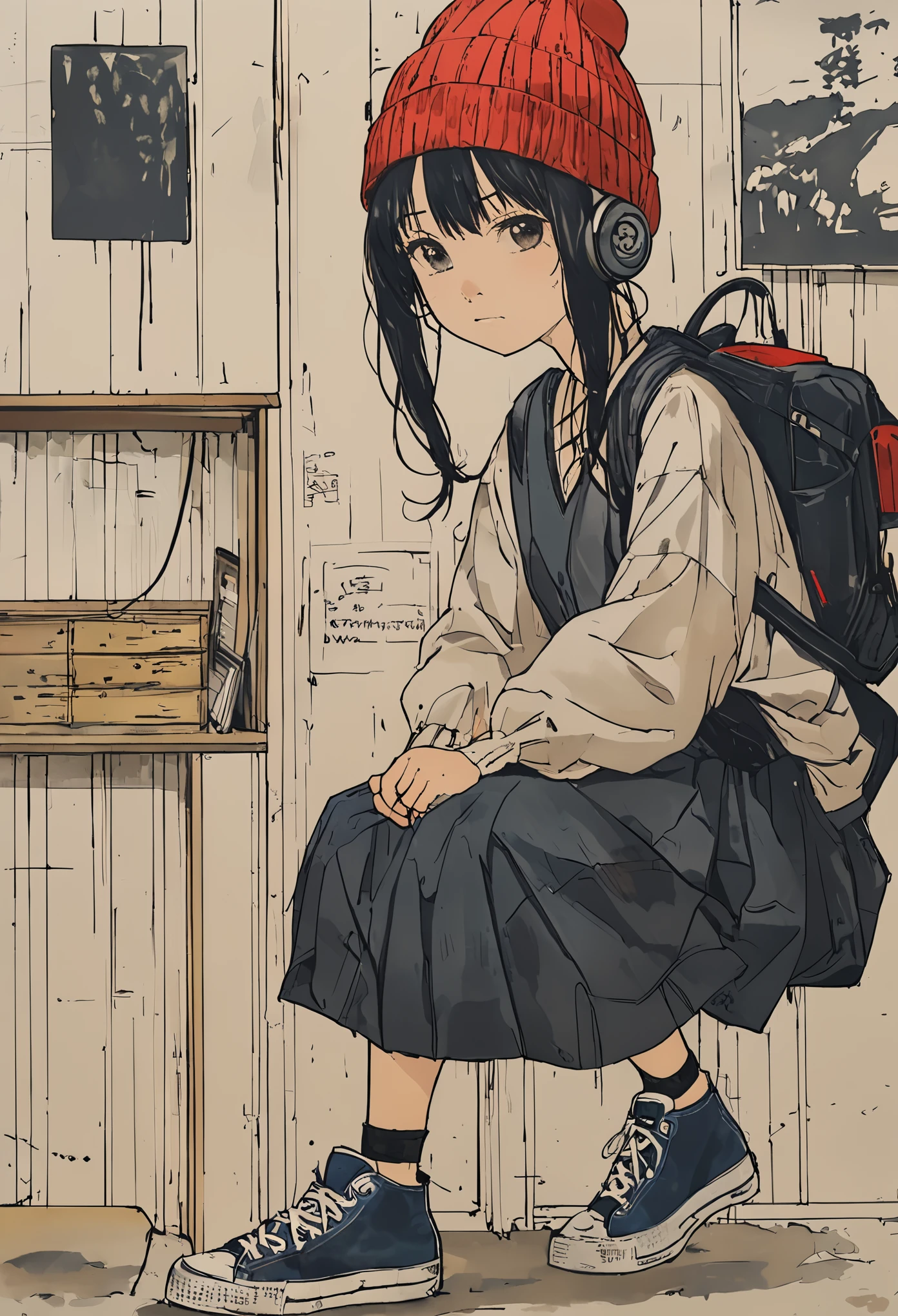 sketch、Ink Painting、 beautiful japanese girl、Kawanabe Kyosai's style、uniform、Nike sneakers、Shibuya、Headphones、Knitted hat、Rack Sack、Depression、from adove