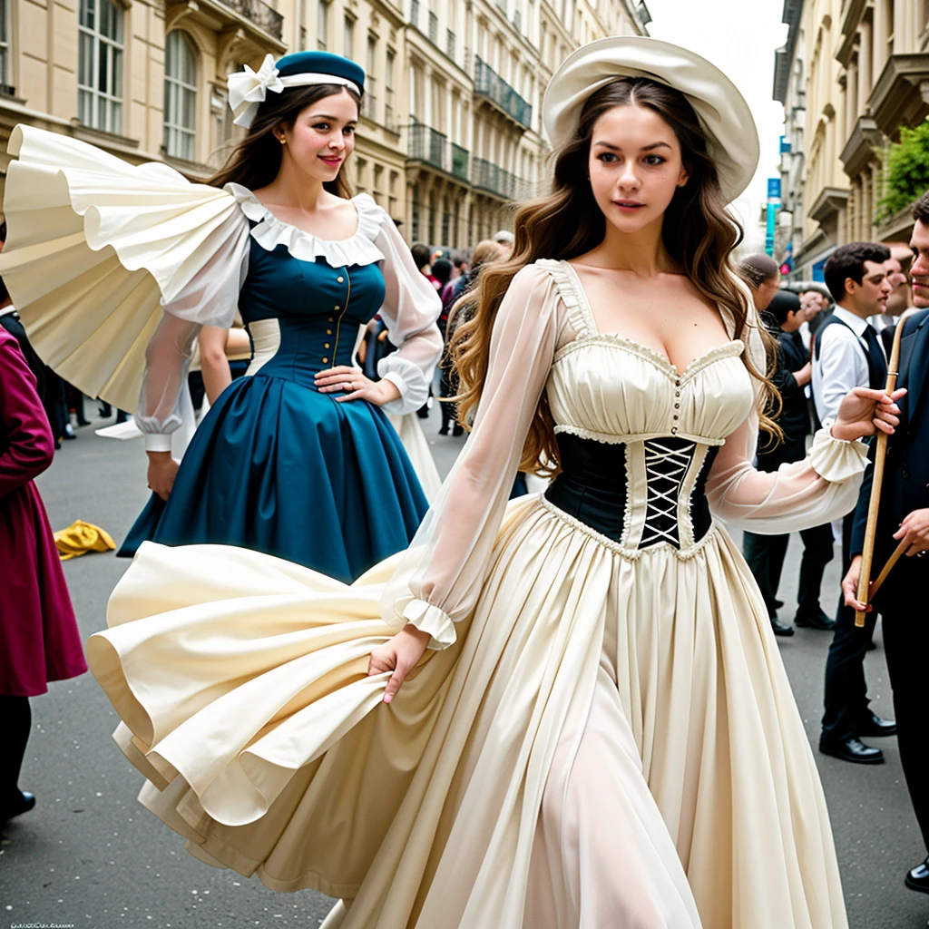 Hyper-realistic , beautiful portrait, close-up zoom, high resolution, 8k,of a woman in a cream dress walking down a street, walking in evening, Victorian lady, a beautiful Victorian woman, Victorian fantasy art, Herbert James Draper, dressed in Victorian clothes, Vittorio Matteo Corcos, beautiful character.