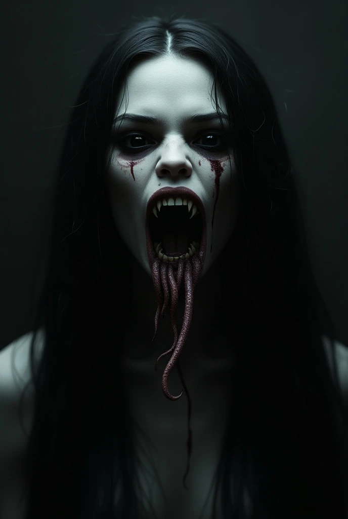 closeup portrait hdr horror otherworldly sensual, nsfw, demon eyes, long tongue, mouth open. dark hypnosis eyes. dak soul taken eyes, mouth open even more wide.