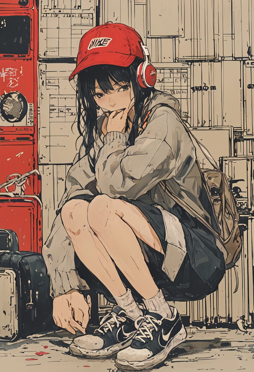 sketch、Ink Painting、 beautiful japanese schoolgirl、 Kawanabe Kyosai's Style、uniform、Nike sneakers、Shibuya、Headphones、Knitted hat、Rack Sack、Close your eyes、Depression、from adove