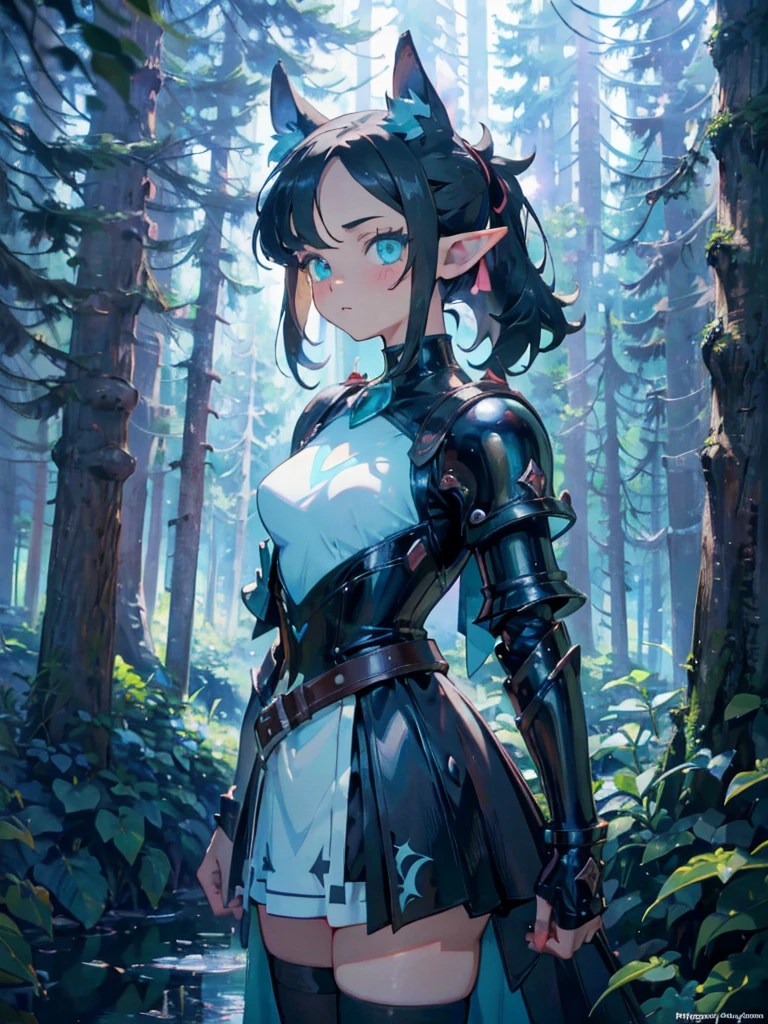 solo 1girl, (marnie pokemon), ((masterpiece)), ((high resolution)), ((best quality)), extremely fine and beautiful, (insanely detailed anime eyes), detailed face, vivid and beautiful, shocking sensation, incredibly detailed, beautiful detailed girl, front view, facing at viewer, perfect shadow, realistic lighting shaded, (black hair), (small breast), ((elf ears)), heavy armor, medieval armor, ((forest background)), turquoise eyes, (long pigtail), (no breast)