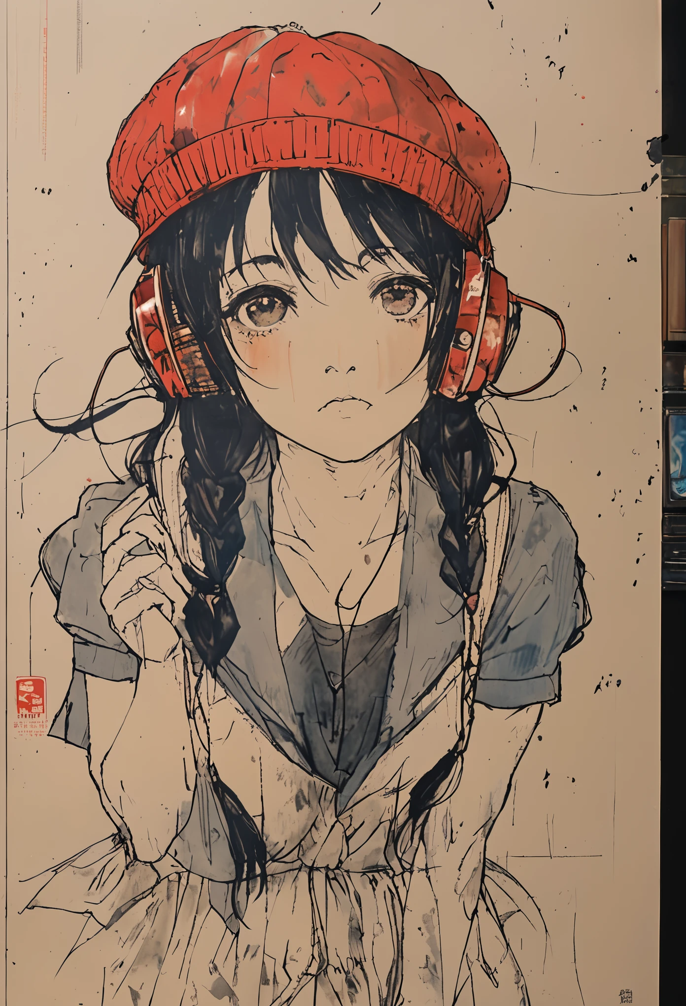 sketch、Ink Painting、 beautiful japanese schoolgirl、 Kawanabe Kyosai's Style、uniform、Nike sneakers、Shibuya、Headphones、Knitted hat、Rack Sack、stroll、Depression、from adove