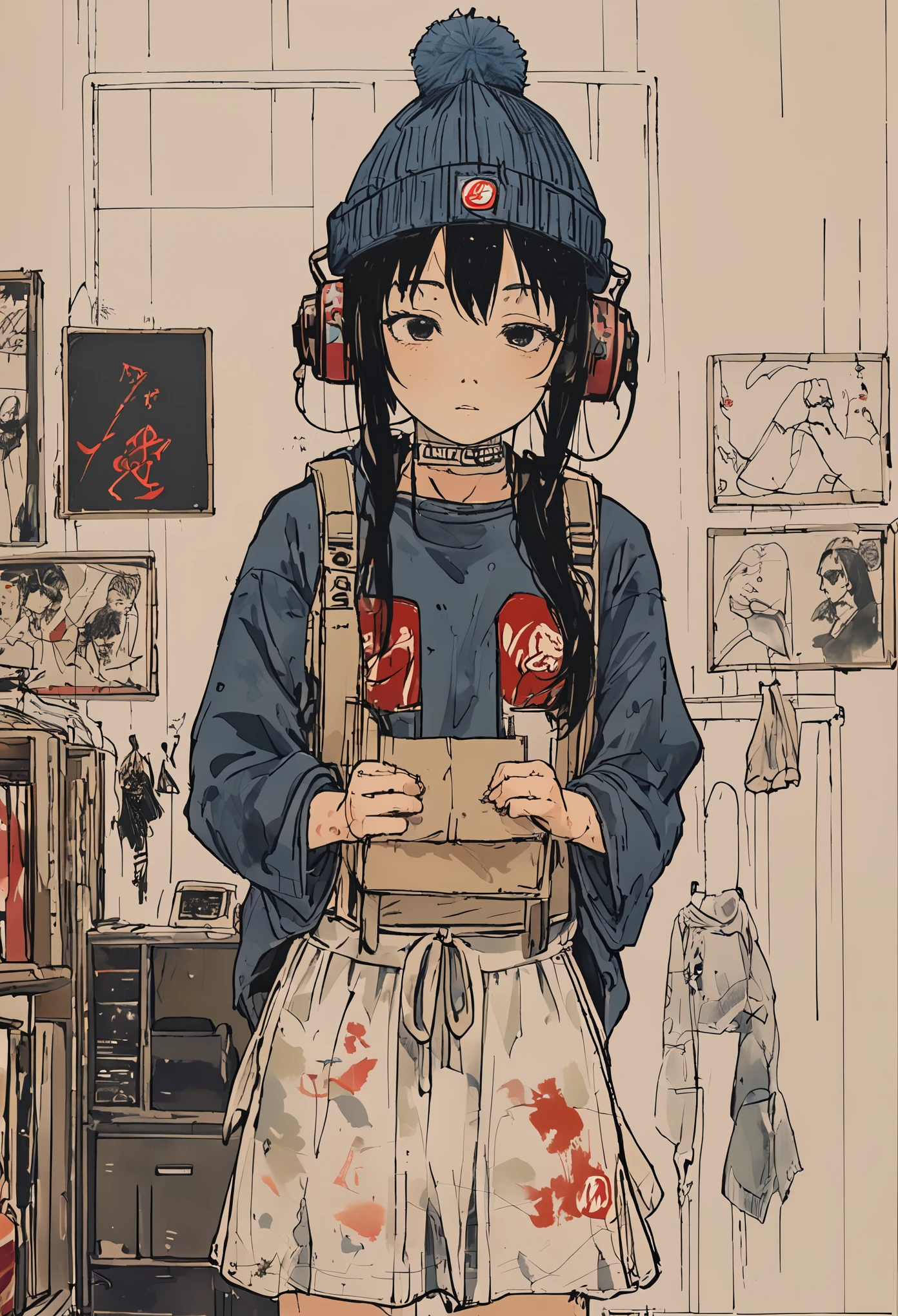 sketch、Ink Painting、 beautiful japanese schoolgirl、 Kawanabe Kyosai's Style、uniform、Nike sneakers、Shibuya、Headphones、Knitted hat、Rack Sack、Close your eyes、Depression、from adove