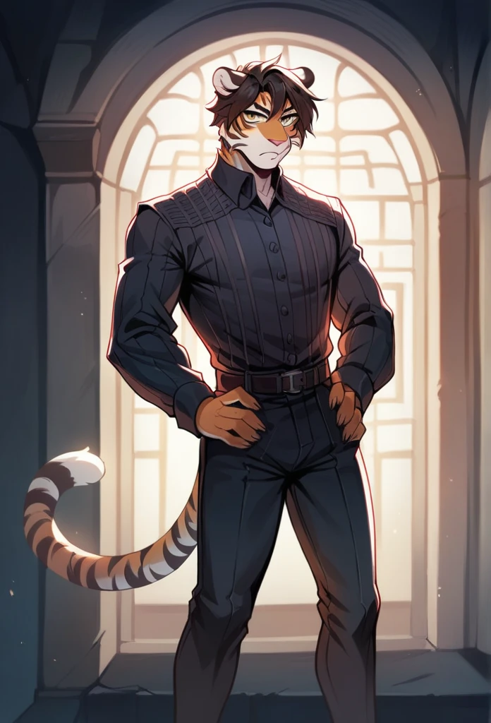 A tiger, with sleeves suit, Hairstyle (Pompadour), stopped, night low lighting, bottom, pose, posing,  Serious,  looking at the viewer , detailed youthful face, ojos detailed, hands on hips, detailed, takes medium body,  high quality, 4k.