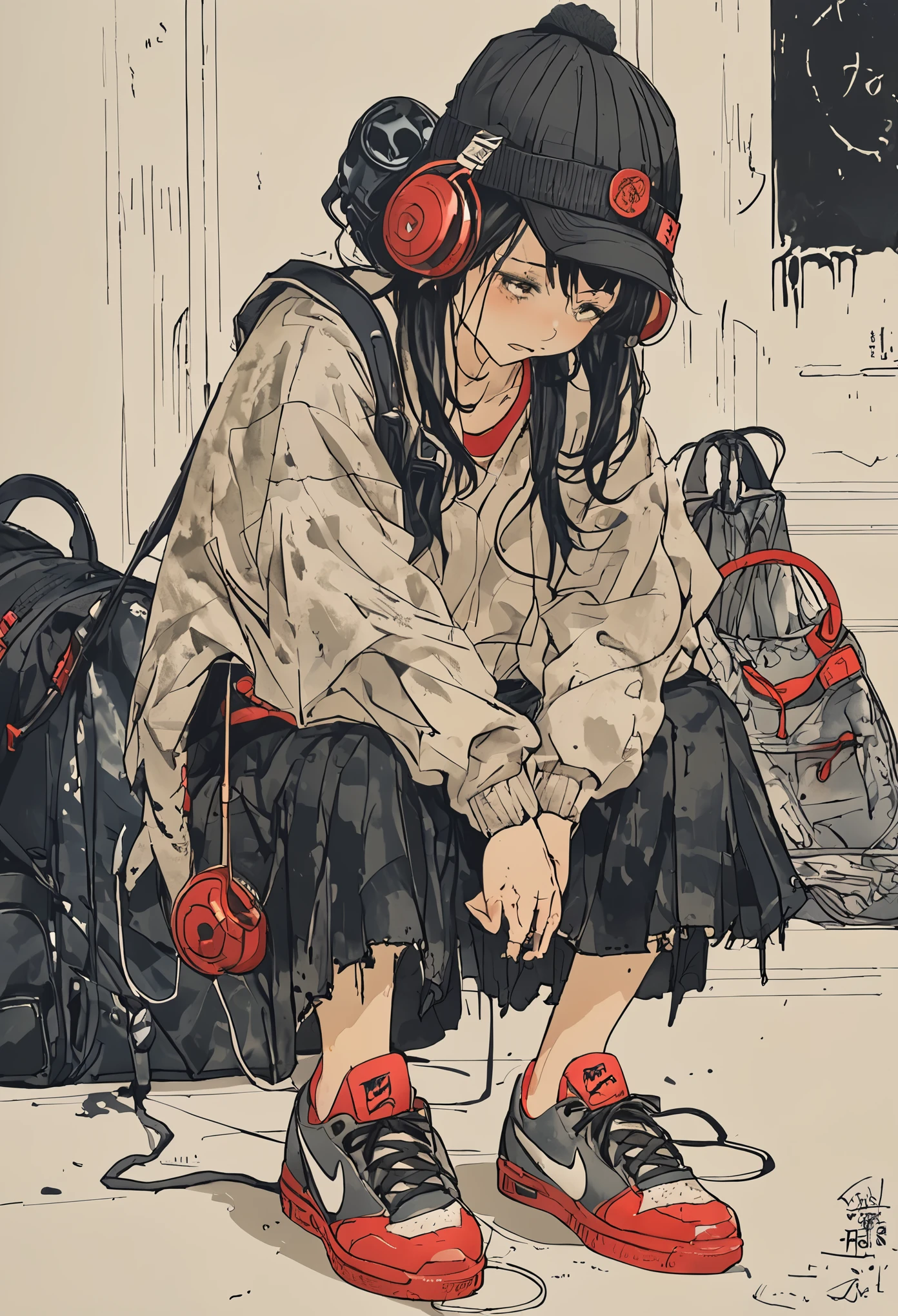 sketch、Ink Painting、 beautiful japanese schoolgirl、 Kawanabe Kyosai's Style、uniform、Nike sneakers、Shibuya、Headphones、Knitted hat、Rack Sack、Look down、Depression、from adove